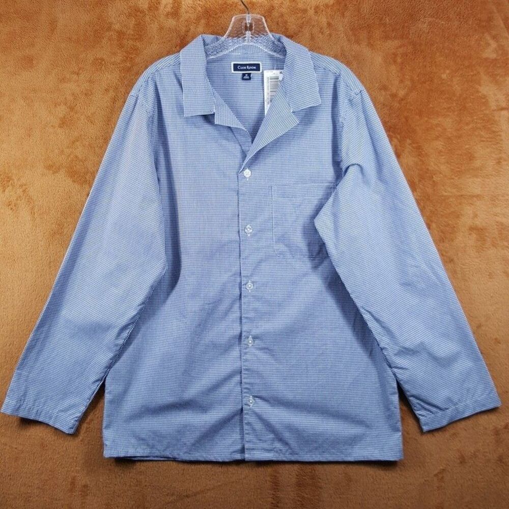 CLUB ROOM Sleepwear Mens Medium Blue Gingham Button Up Pocket Pajama Sleep Shirt